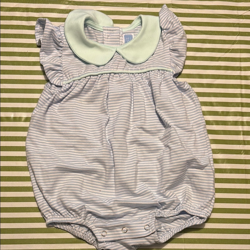 Striped baby onesie with Green Collar